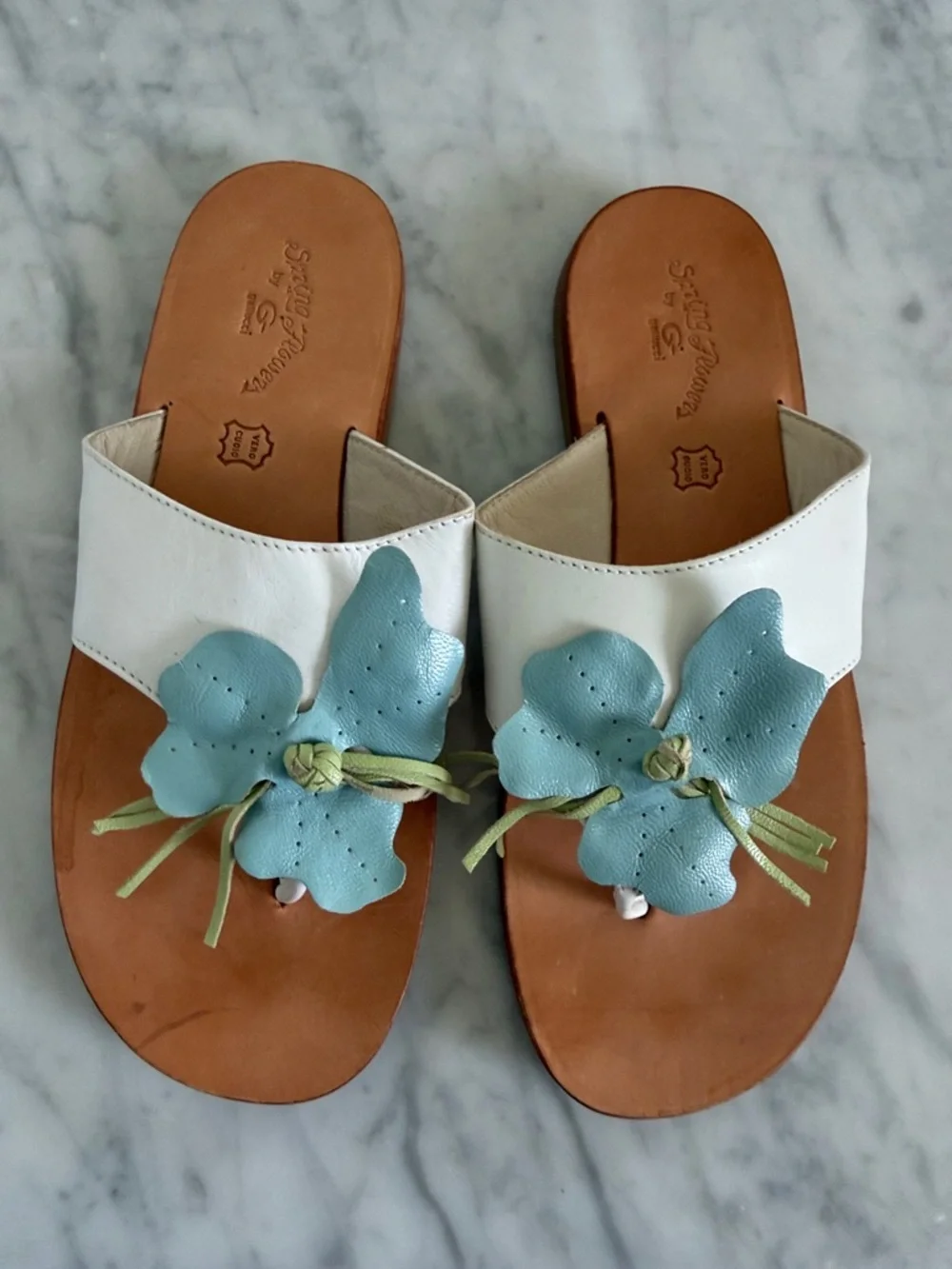 Gallucci White Slides with Blue Floral Applique